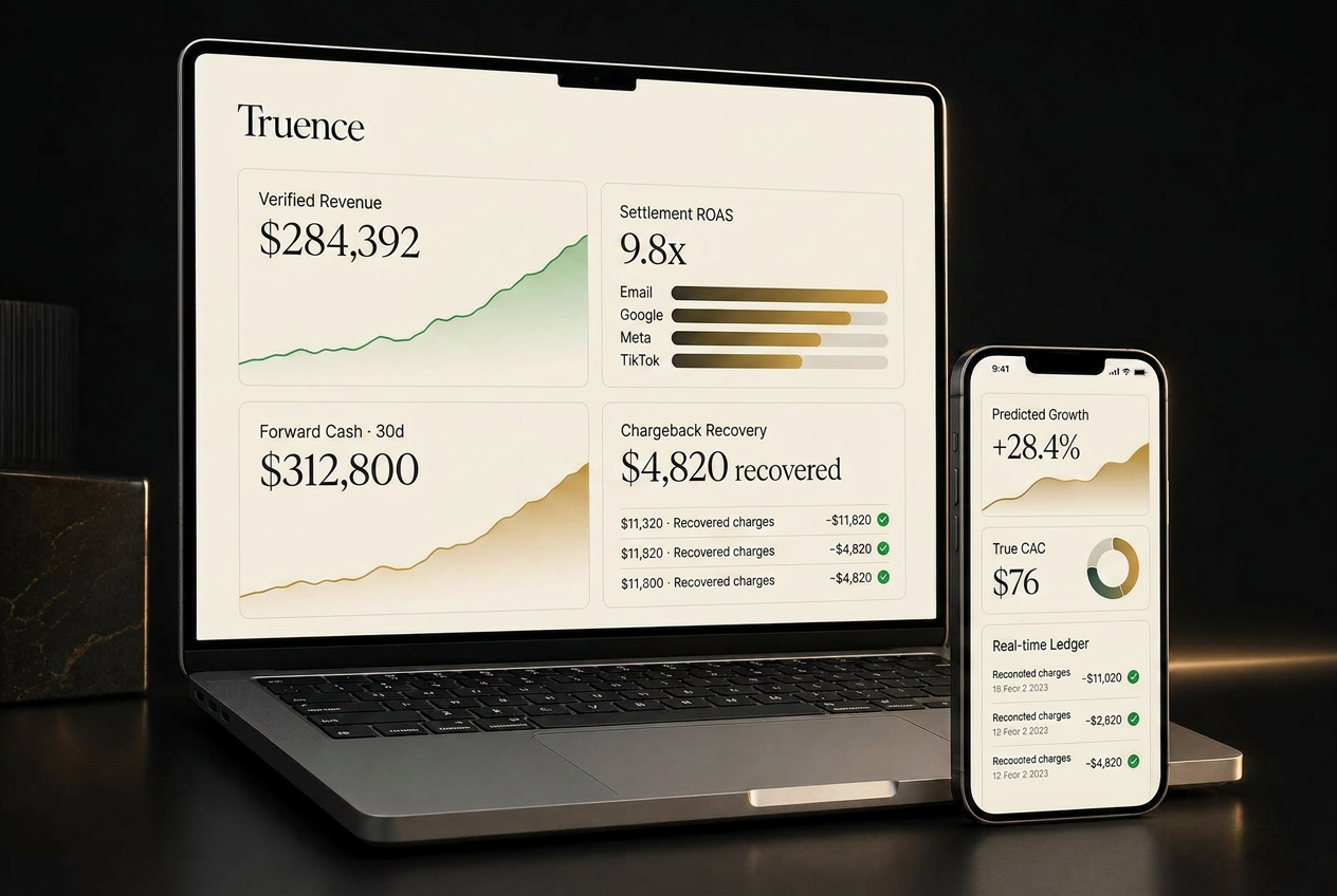 Truence dashboards on laptop and mobile, showing bank-confirmed revenue trending up