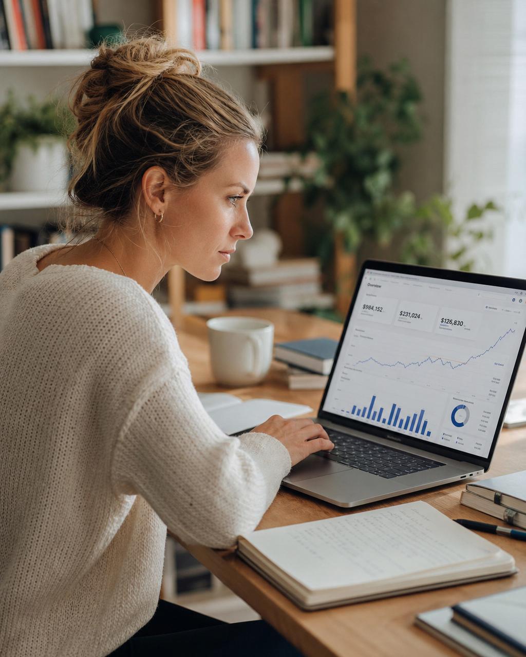 Founder workspace with laptop showing live financial data