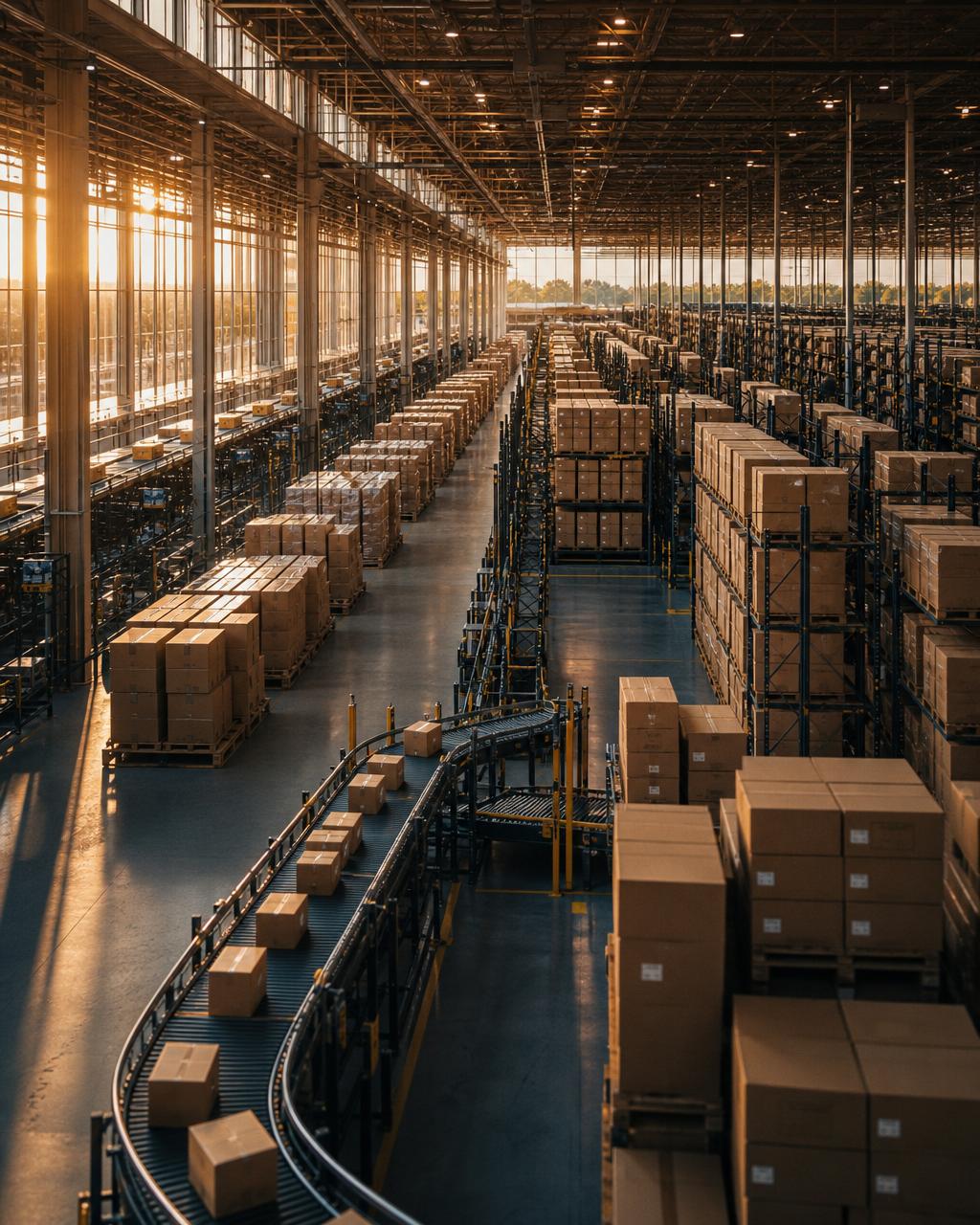 Warehouse of shipped orders at golden hour, symbol of scale